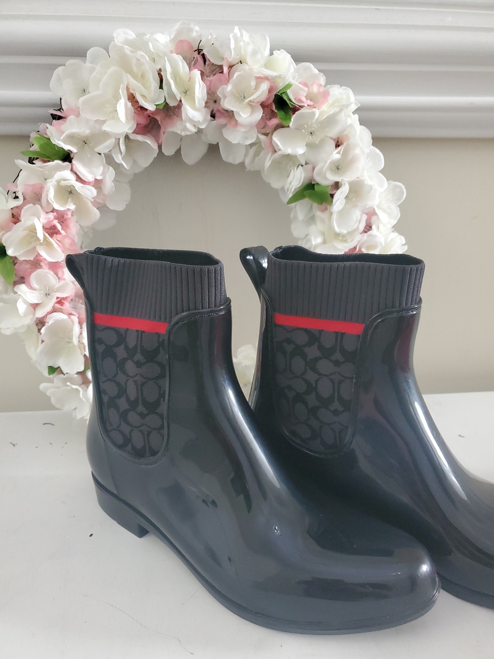 Coach Black Signature Rain Ankle Boots with Red Trim